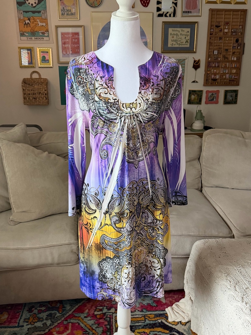 VINTAGE Y2K S-12 or S-Twelve purple and white patterned Dress Fits Size Medium